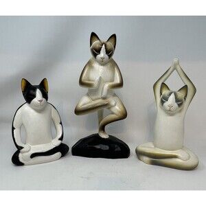 Novica Cats By Nengah Sudarsana 3 Wooden Carved Cats Yoga Poses Signed And Dated